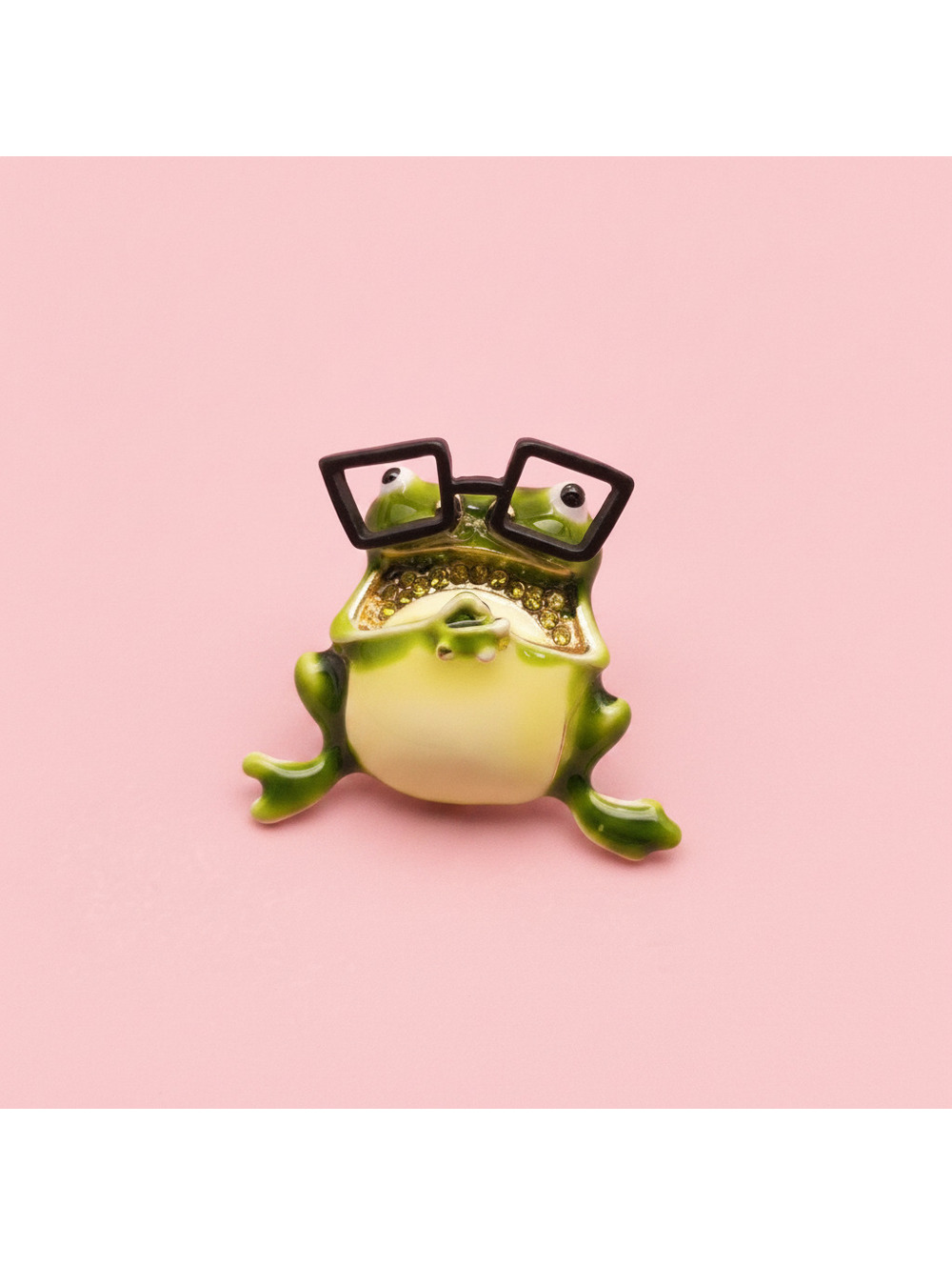 Cute Frog Brooch Pin with Black Glasses and Rhinestones
